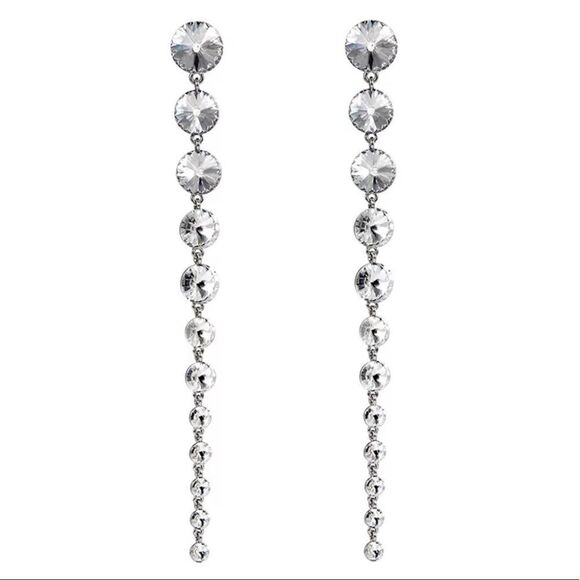 Silver Long Round Rhinestone Tassel Dangle Earrings NEW - Picture 4 of 4